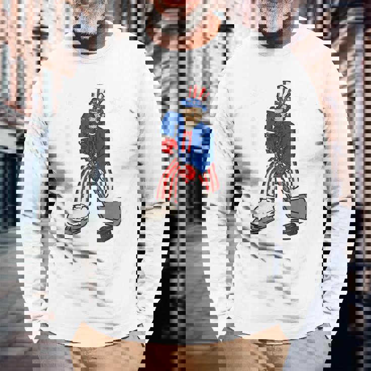 Abraham Lincoln Playing Hockey 4Th Of July Hockey Long Sleeve T-Shirt Gifts for Old Men