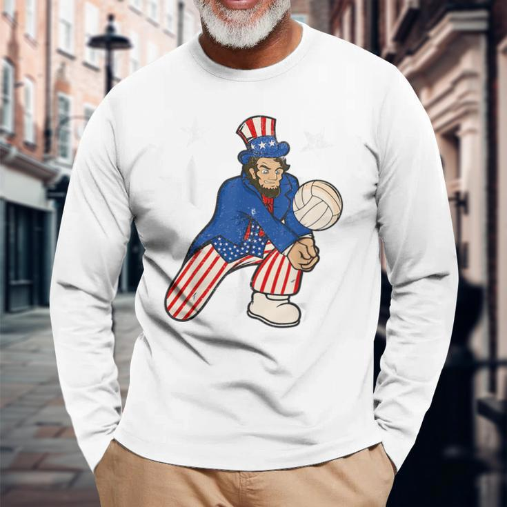 Abraham Lincoln Playing Volleyball 4Th Of July Long Sleeve T-Shirt Gifts for Old Men