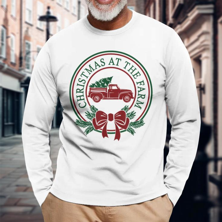 Christmas At The Farm Red Truck Xmas Tree Country Farmhouse Long Sleeve T-Shirt Gifts for Old Men