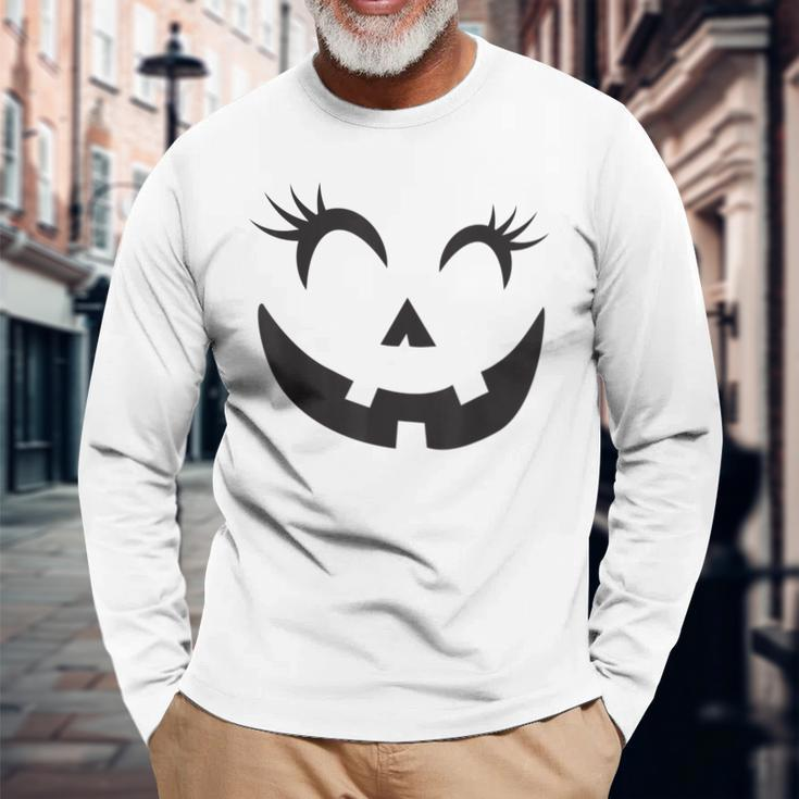 Eyelashes Halloween Outfit Pumpkin Face Costume Long Sleeve T-Shirt Gifts for Old Men