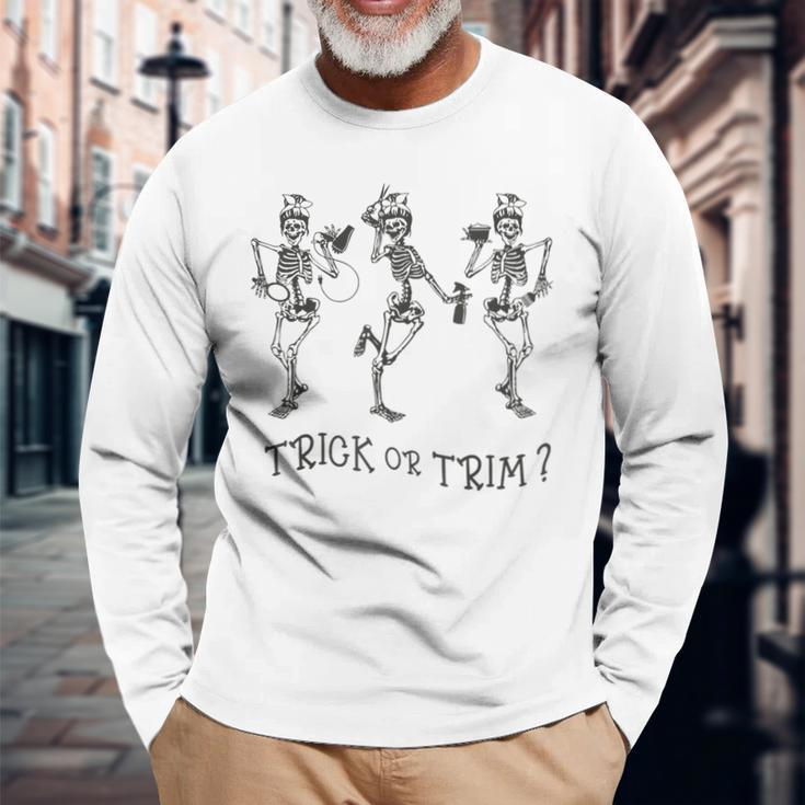 Dancing Skeleton Trick Or Trim Hairstylist Halloween Long Sleeve T-Shirt Gifts for Old Men