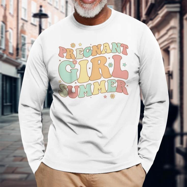 Groovy Pregnancy Reveal Pregnant Girl Summer Baby Shower Long Sleeve T-Shirt Gifts for Old Men
