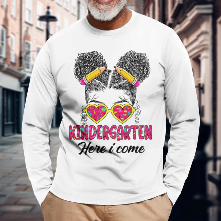 Kindergarten Here I Come Messy Bun Back To School Afro Girls Long Sleeve T-Shirt T-Shirt Gifts for Old Men