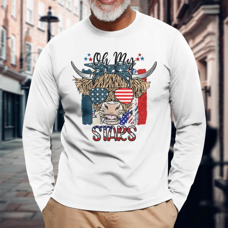 Oh My Stars Highland Cow Heifer Cow Girls 4Th Of July Long Sleeve T-Shirt Gifts for Old Men