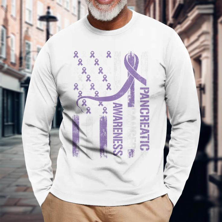 Pancreatic Cancer Awareness Month American Flag Ribbon Long Sleeve T-Shirt Gifts for Old Men
