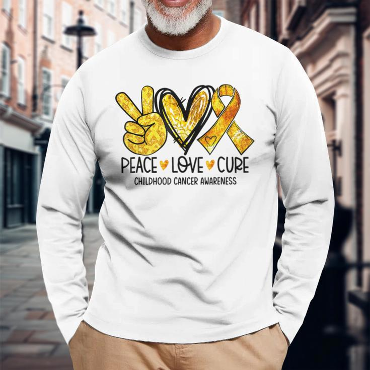 Peace Love Cure Childhood Cancer Awareness Gold Ribbon Long Sleeve Gifts for Old Men