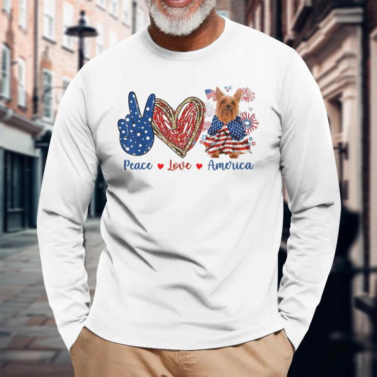 Peace Love Silky Terrier Dog Patriotic America Flag 4Th July Long Sleeve T-Shirt Gifts for Old Men