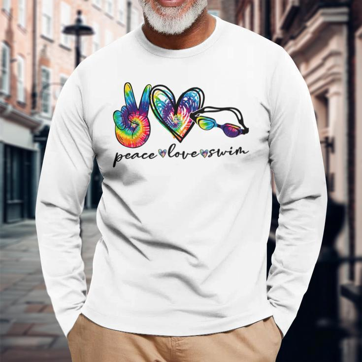 Peace Love Swim Tie Dye Swimmer Swimming Summer Trip Long Sleeve T-Shirt Gifts for Old Men