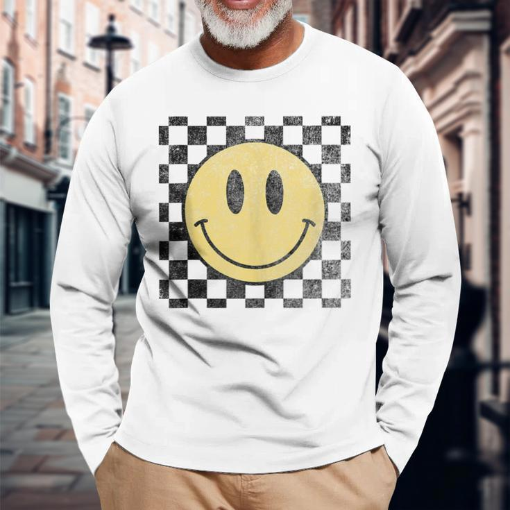 Retro Happy Face 70S Distressed Checkered Pattern Smile Face Long Sleeve T-Shirt Gifts for Old Men