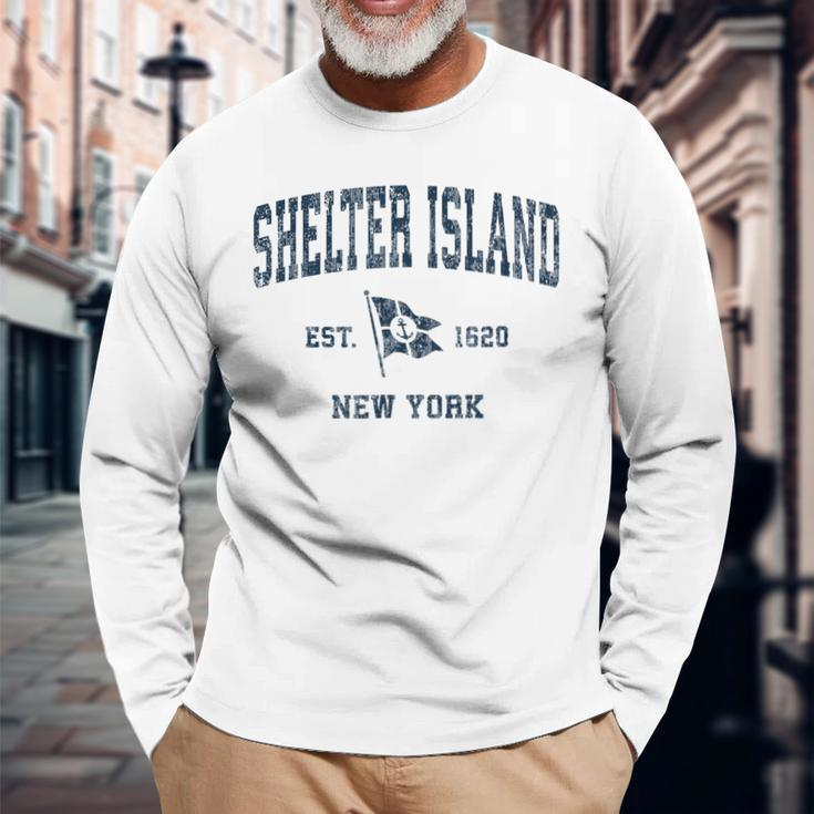 Shelter Island Ny Vintage Sports Navy Boat Anchor Flag Long Sleeve T-Shirt T-Shirt Gifts for Old Men