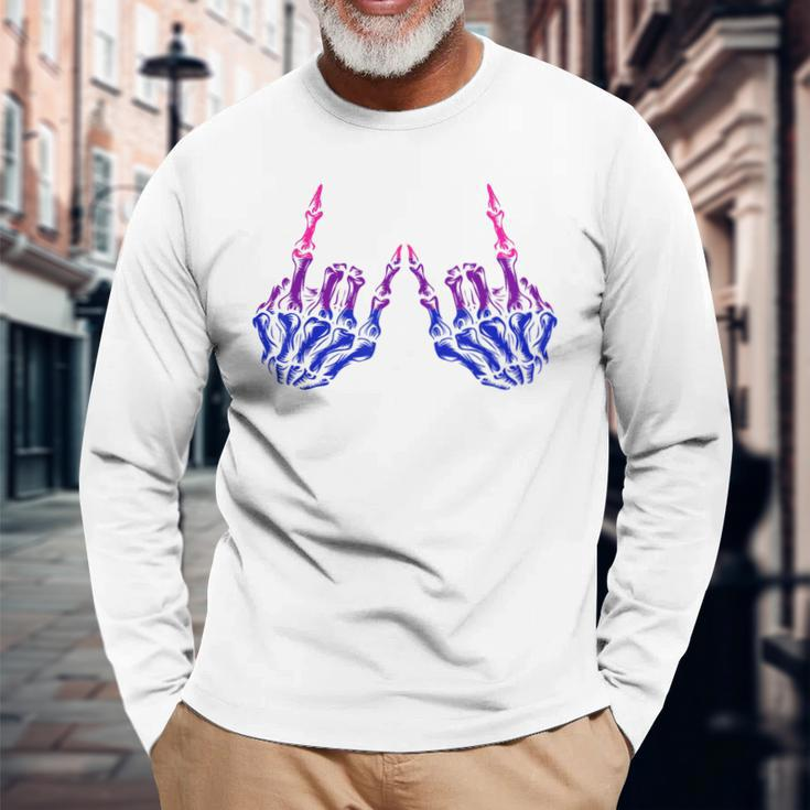 Skeleton Rock Hand Lgbt-Q Cool Bisexual Pride Color Bi Flag Long Sleeve T-Shirt T-Shirt Gifts for Old Men