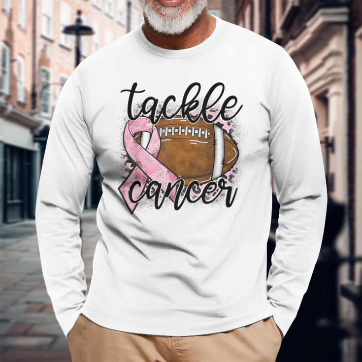 Tackle Breast Cancer Leopard Football Pink Ribbon Awareness Long Sleeve T-Shirt Gifts for Old Men