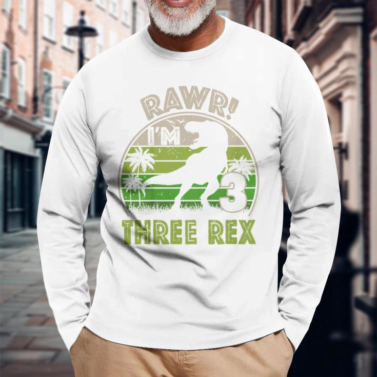 Three Rex Birthday Party Outfit Dinosaur 3 Year Old Boy Long Sleeve T-Shirt Gifts for Old Men