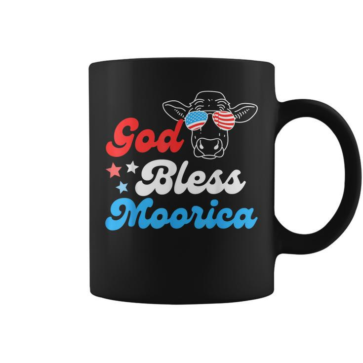 4Th Of July Cow With American Flag Glasses God Bless Moorica  Coffee Mug