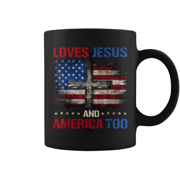 American Flag Loves Jesus And America Too God Christian 4Th  Coffee Mug