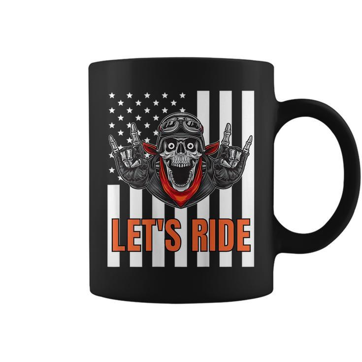 American Flag Skeleton Biker Motorcycle - Design On Back  Biker Funny Gifts Coffee Mug