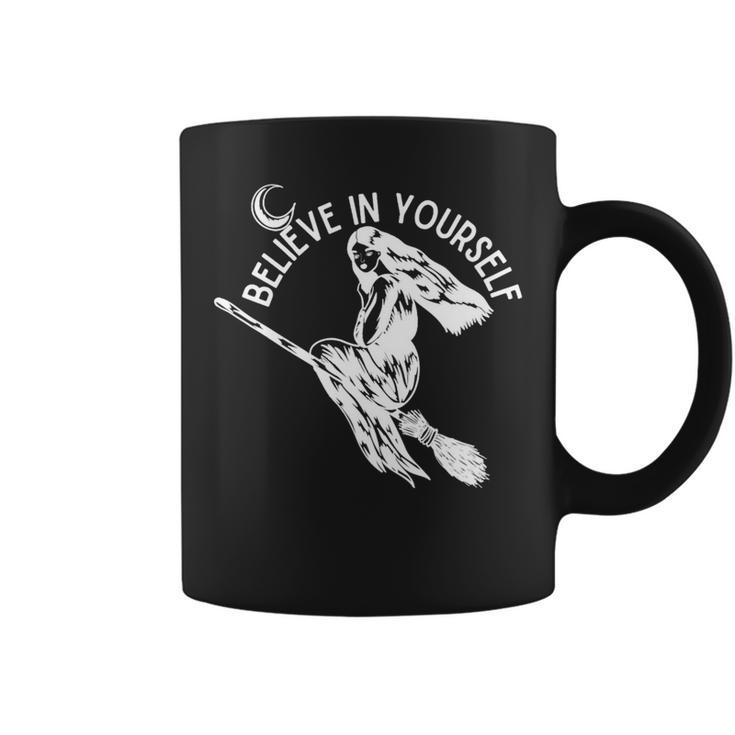 Believe In Yourself Flying Witch White Text Coffee Mug
