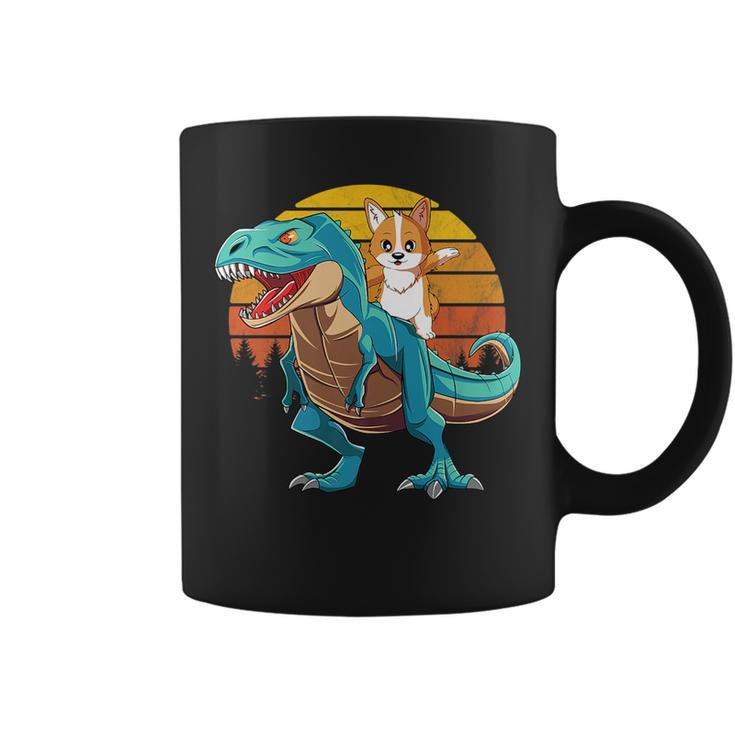 Corgi Dog Riding Dinosaur T Rex Boys Girls Retro Sunset Gift   Coffee Mug