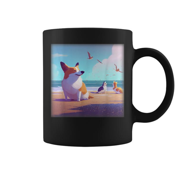 Corgi Meeting Seagulls On The Beach Animal Lover  Coffee Mug