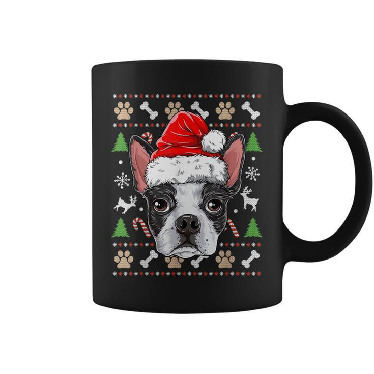 Cute Boston Terrier Ugly Christmas Sweater Santa Hat Xmas Coffee Mug