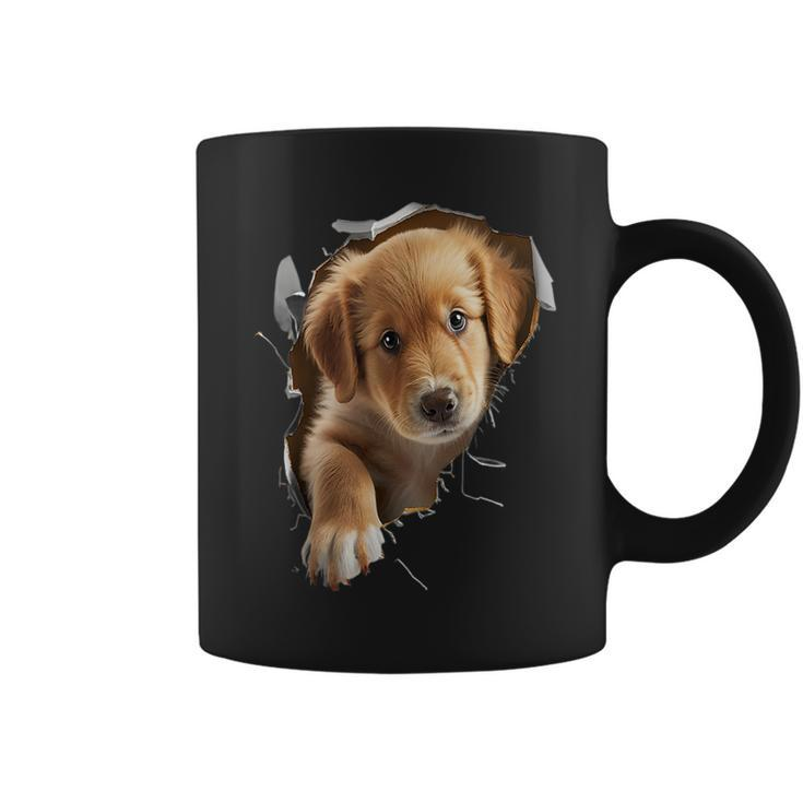 Cute Golden Retriever Puppy Dog Breaking Through  Coffee Mug