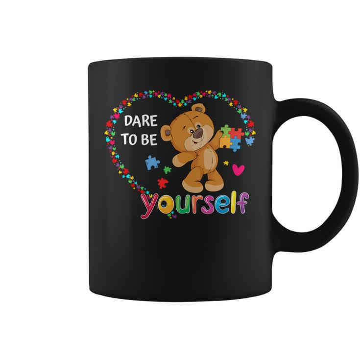 Dare To Be Yourself Autism Awareness Bear Heart Puzzle Piece   Coffee Mug