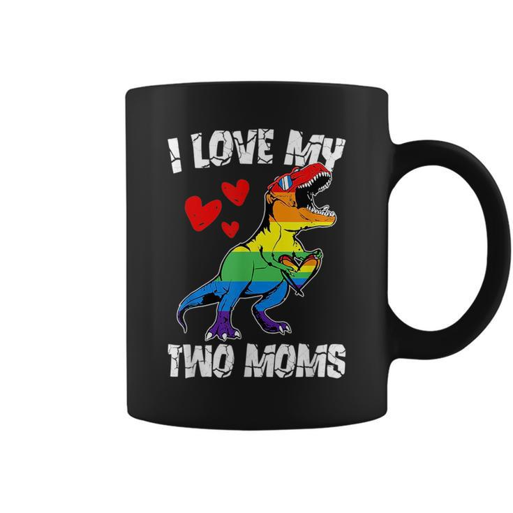 Dinosaur T Rex Lgbt Pride Flag I Love My Two Moms Girls Boys  Coffee Mug