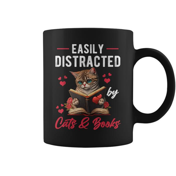 Easily Distracted By Cats And Books Cat & Book Lover Funny Coffee Mug