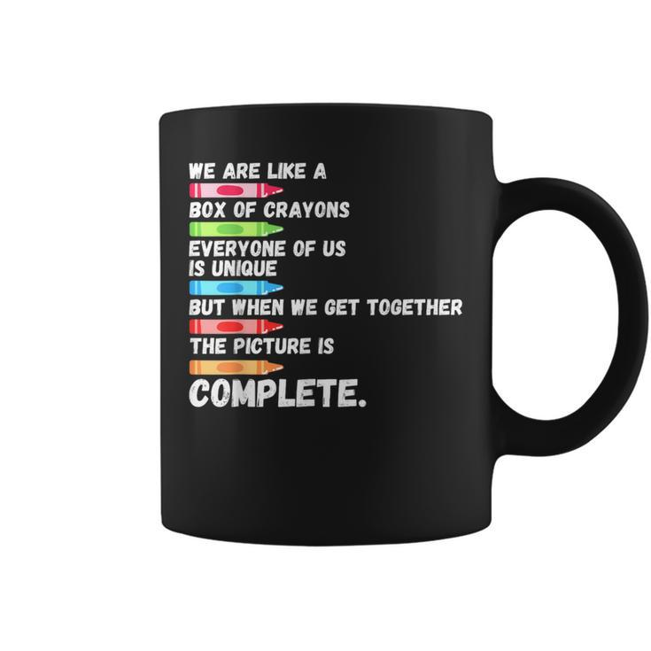 First Day Back To School We Are Like Box Of Crayons Teacher Coffee Mug