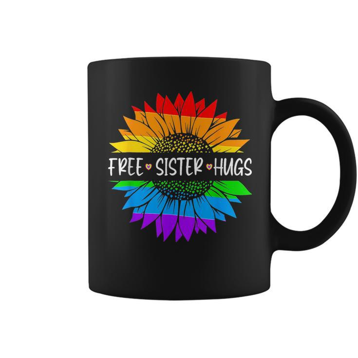 Free Sister Hugs Rainbow Sunflower Lgbt Gay Pride Month  Coffee Mug