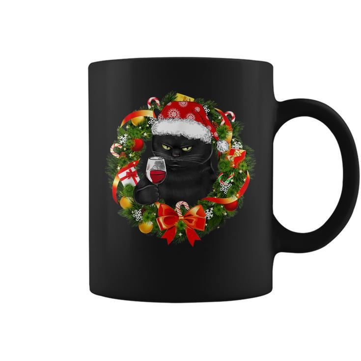 Black Cat And Wine Christmas Wreath Ornament Coffee Mug