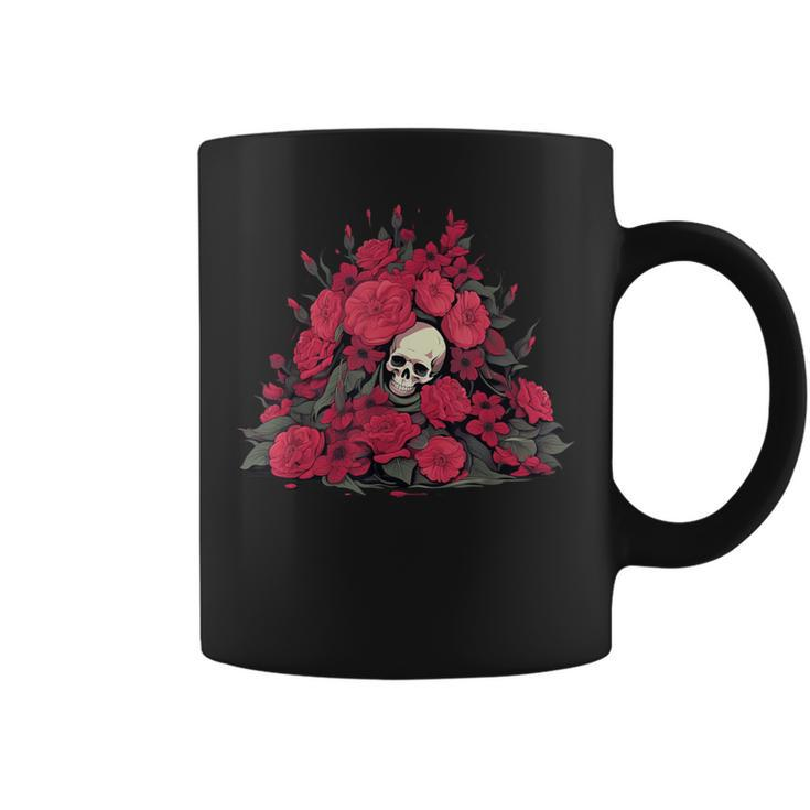 Grave With Skeleton Face And Red Roses And Plants Coffee Mug