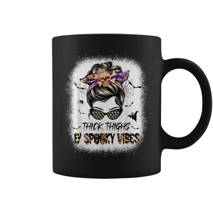 Thicks Thighs Spooky Vibes Skull Messy Bun Halloween Coffee Mug