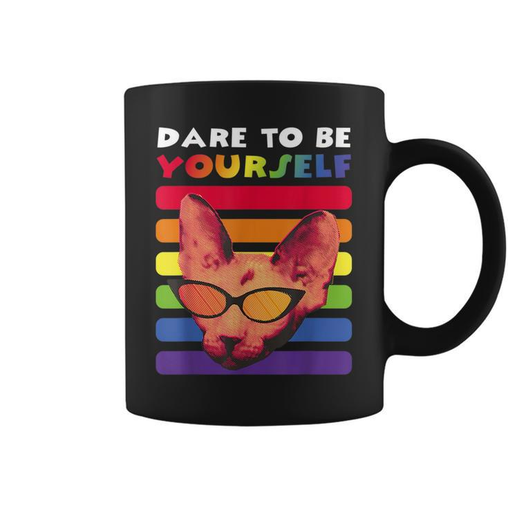 Gay Pride Dare To Be Yourself Rainbow Lgbt Vintage Retro Cat  Coffee Mug