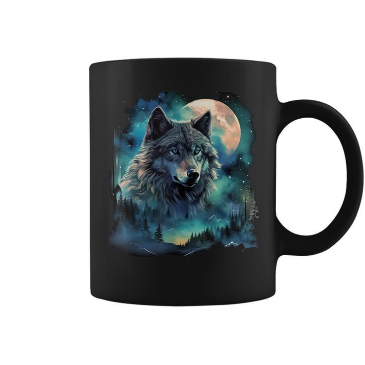Grey Wolf Hunting Grounds Icy Moon Forest Galaxy Coffee Mug