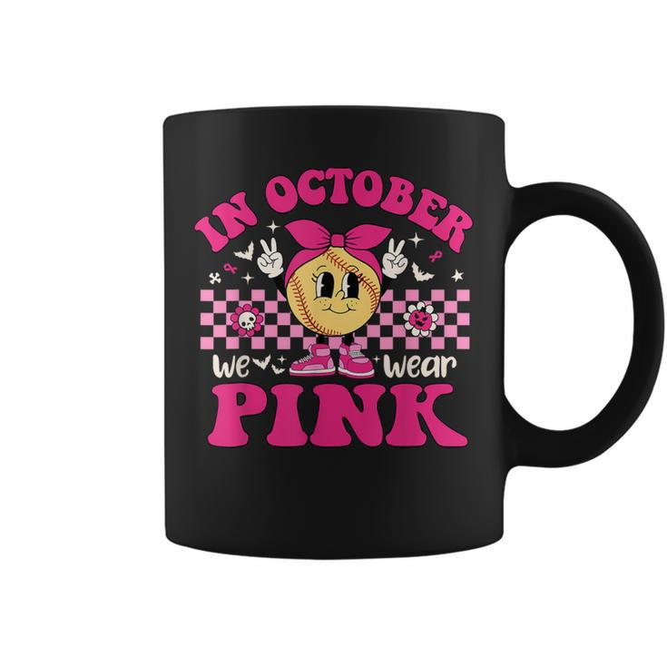 Groovy In October We Wear Pink Softball Breast Cancer Coffee Mug