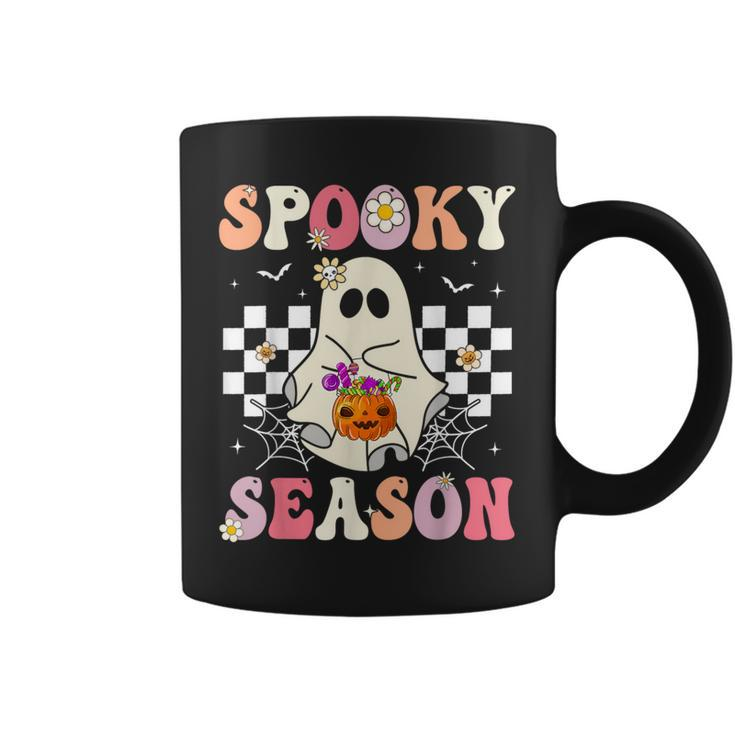 Groovy Spooky Season Retro Ghost Holding Pumpkin Halloween Coffee Mug