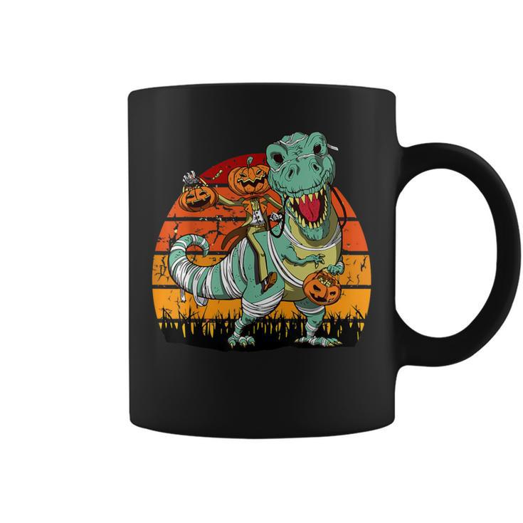 Halloween Pumpkin Riding Dinosaur T-Rex Skeleton Coffee Mug