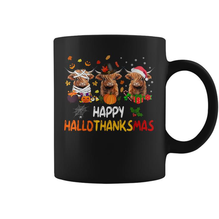 Happy Hallothanksmas Highland Cow Print Halloween Christmas Coffee Mug