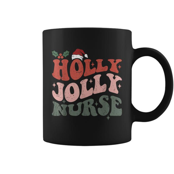 Holly N Jolly Nurse Santa Hat Groovy Christmas 2023 Coffee Mug