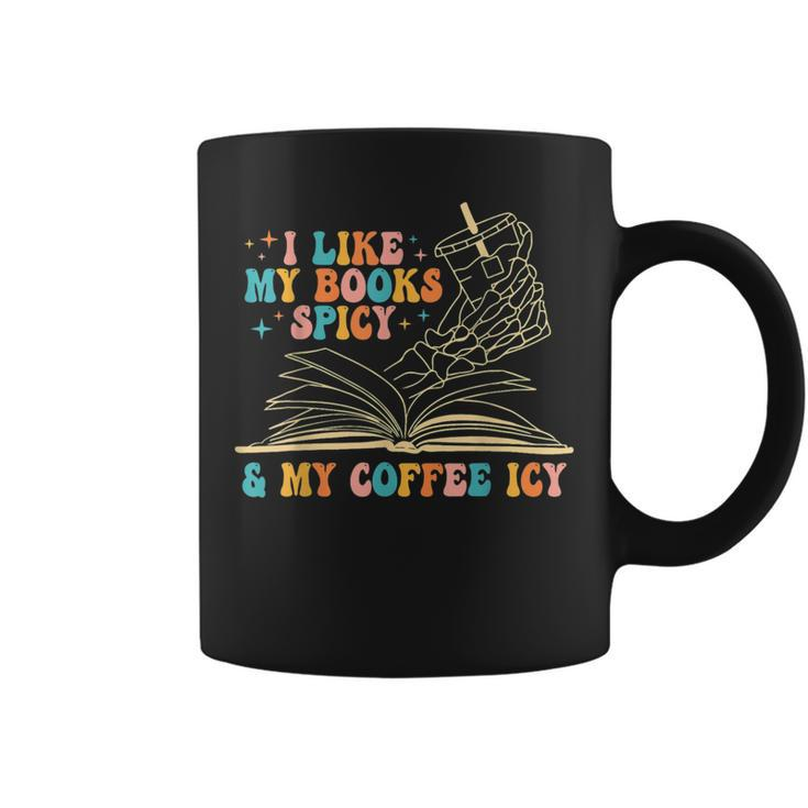 I Like My Books Spicy And My Coffee Icy Skeleton Hand Book Gifts For Coffee Lovers Funny Gifts Coffee Mug