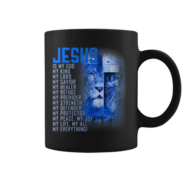 Jesus Is My God King My Lord My Savior Blue Lion Christian Coffee Mug