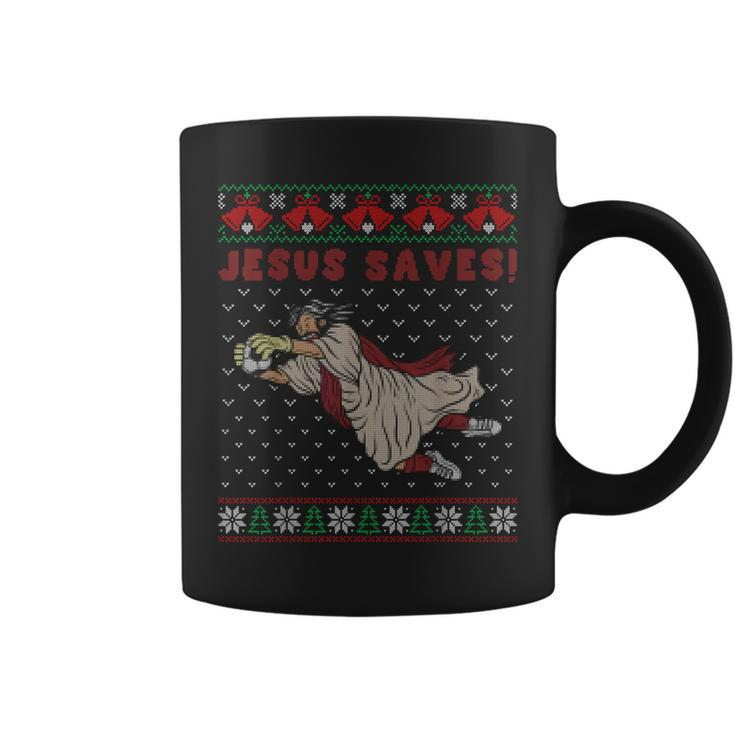 Jesus Saves Soccer Goal Keeper Ugly Christmas Sweater Coffee Mug