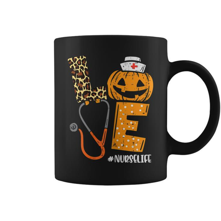 Love Nurse Life Pumpkin Leopard Fall Halloween Nurses Women Coffee Mug