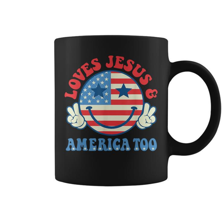 Loves Jesus And America Too Groovy God Christian 4Th Of July Coffee Mug