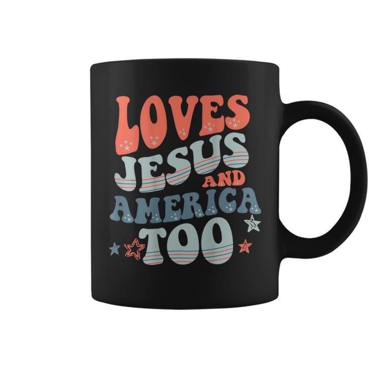 Loves Jesus And America Too Christian American  On Back  Coffee Mug
