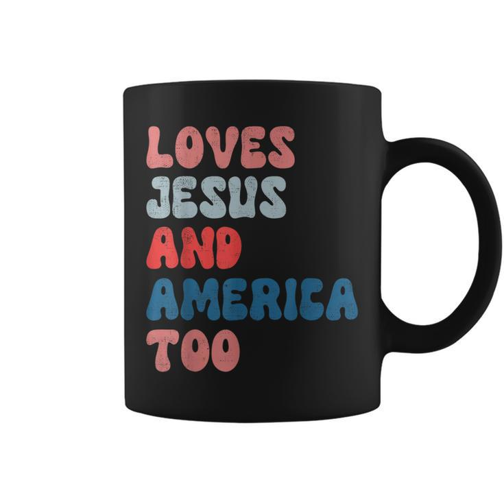 Loves Jesus And America Too Vintage 4Th Of July Mens Womens Coffee Mug