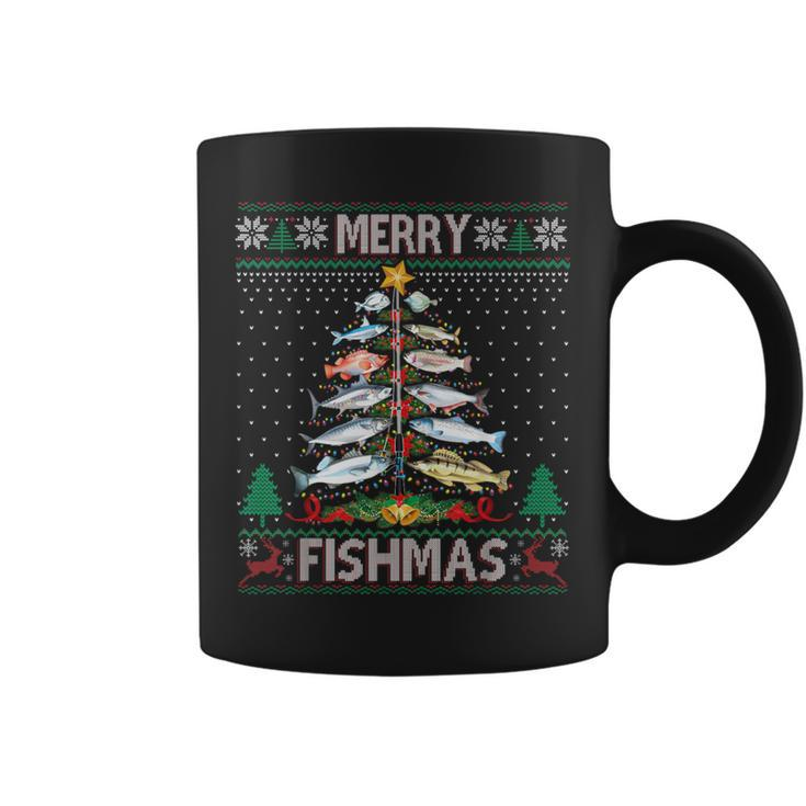 Merry Fishmas Ugly Sweater Fish Fishing Rod Christmas Tree Coffee Mug