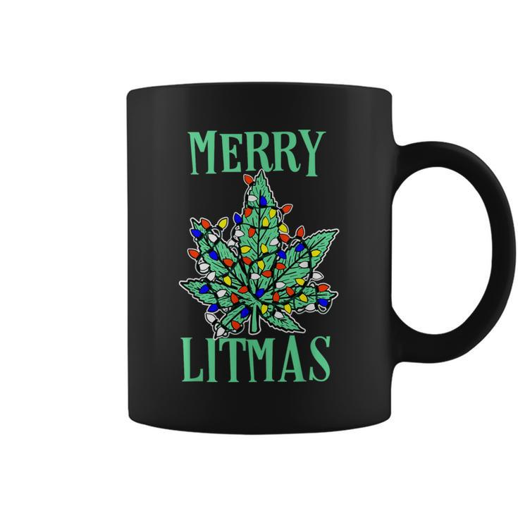 Merry Litmas Pot Leaf Christmas Tree Lights Marijuana Coffee Mug