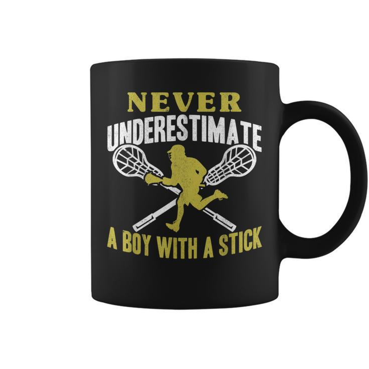 Never Underestimate A Boy With A Stick Lax Player Lacrosse Lacrosse Funny Gifts Coffee Mug